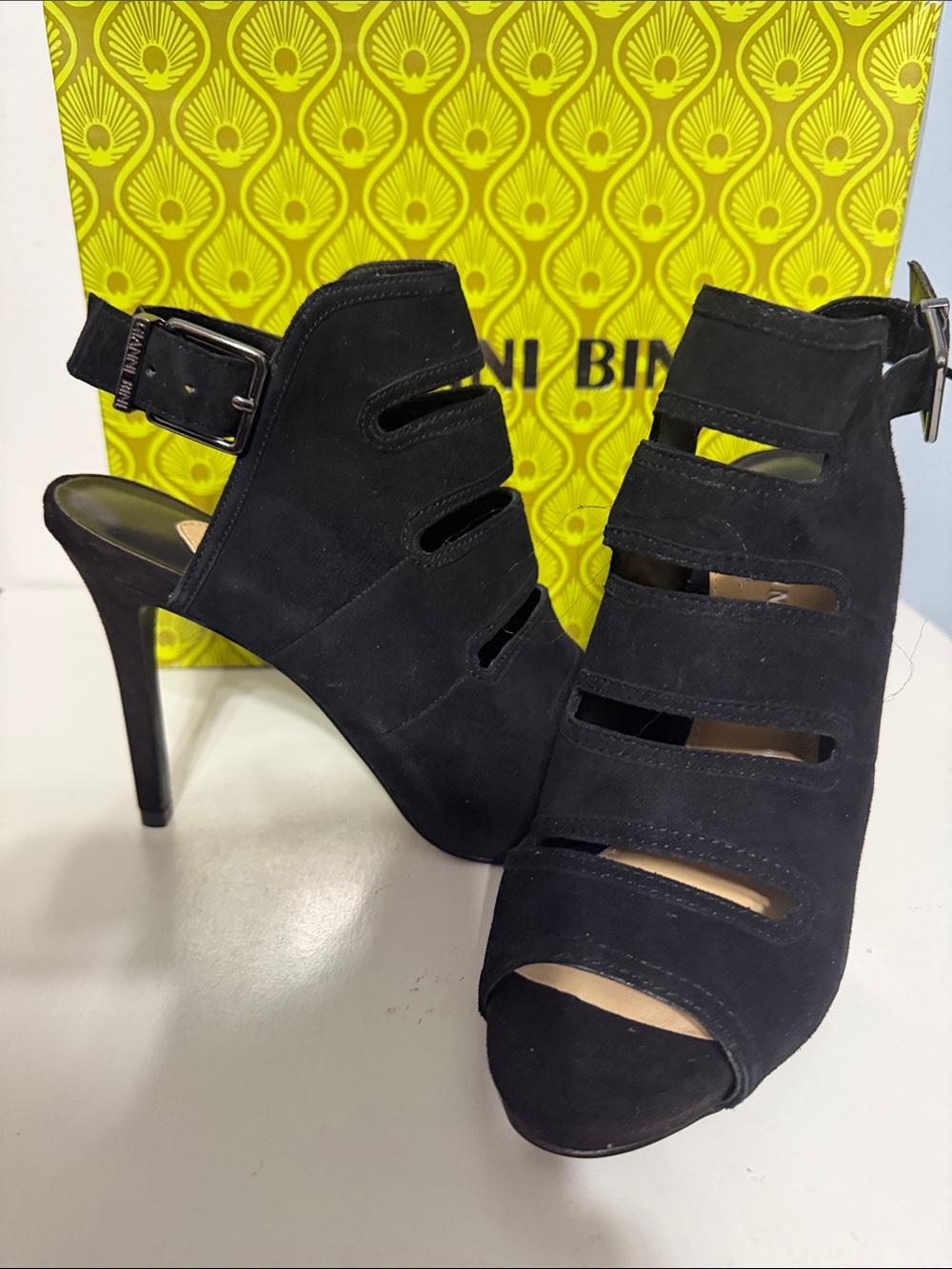 Gianni Bini Black Suede Cutout Peep-Toe Stiletto Booties